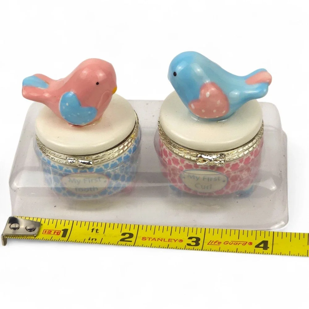 Mud Pie My First Tooth and Curl Keepsake Set Ceramic Bird Baby Trinket Box Pink